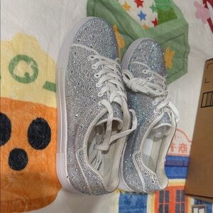 Sparkling Silver Rhinestone Lace-Up Sneakers